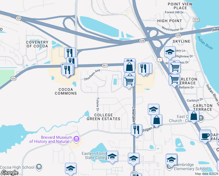 map of restaurants, bars, coffee shops, grocery stores, and more near 1925 Quail Ridge Court in Cocoa