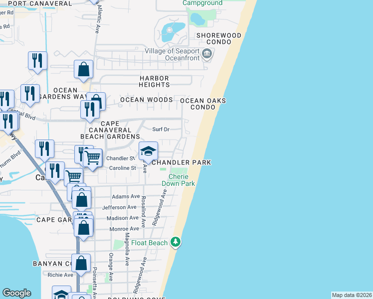 map of restaurants, bars, coffee shops, grocery stores, and more near 8498 Ridgewood Avenue in Cape Canaveral