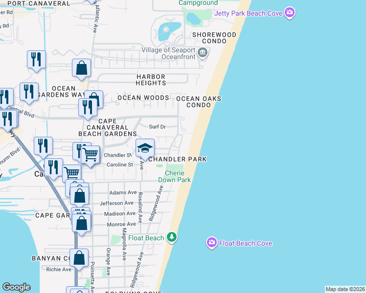 map of restaurants, bars, coffee shops, grocery stores, and more near 8498 Ridgewood Avenue in Cape Canaveral