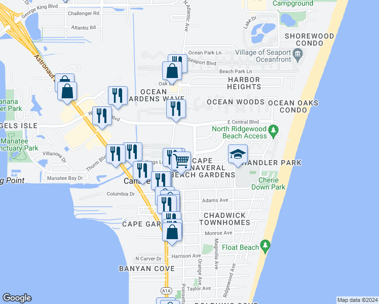 map of restaurants, bars, coffee shops, grocery stores, and more near 8507 Canaveral Boulevard in Cape Canaveral