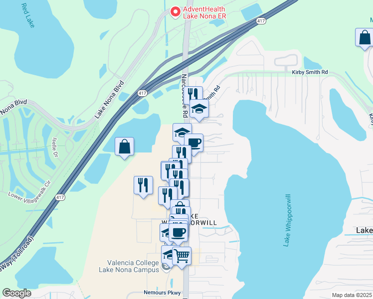 map of restaurants, bars, coffee shops, grocery stores, and more near 11900 Narcoossee Road in Orlando