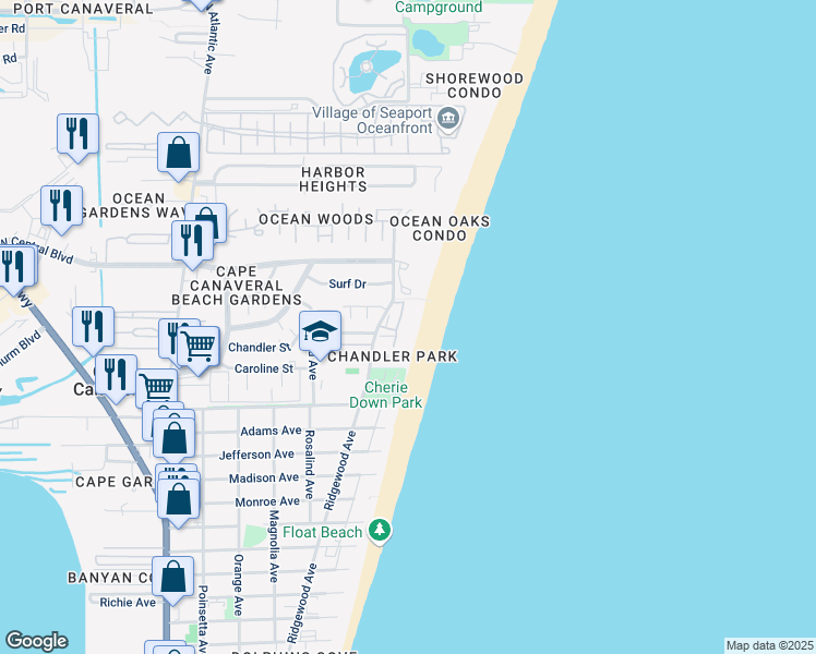 map of restaurants, bars, coffee shops, grocery stores, and more near 8496 Ridgewood Avenue in Cape Canaveral