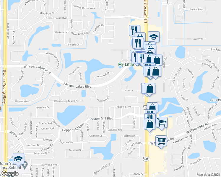 map of restaurants, bars, coffee shops, grocery stores, and more near 2020 Kinder Court in Orlando