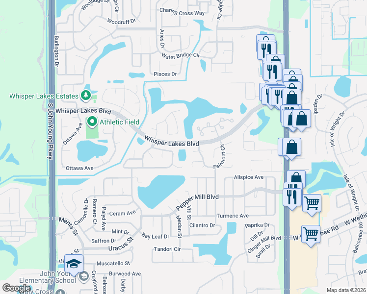 map of restaurants, bars, coffee shops, grocery stores, and more near 2249 Whispering Maple Drive in Orlando