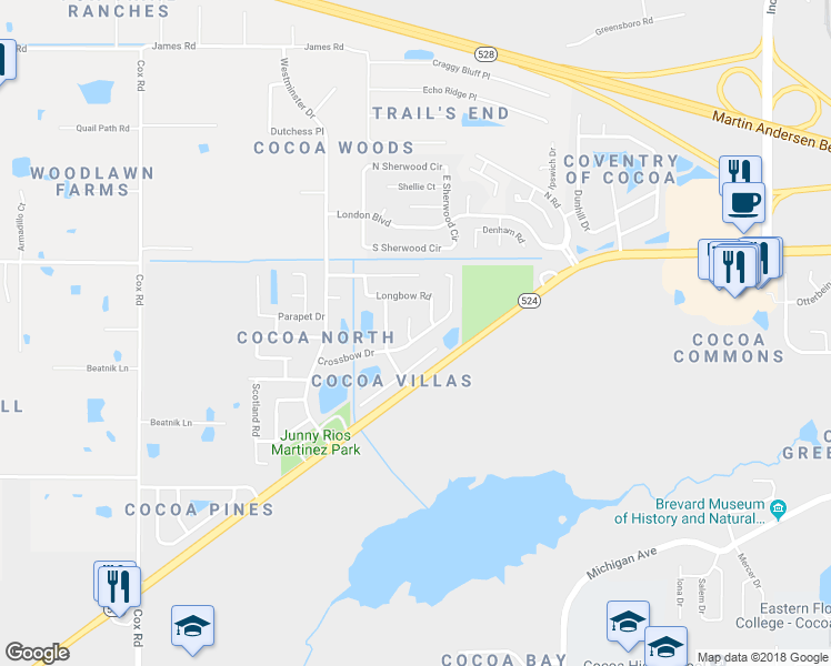map of restaurants, bars, coffee shops, grocery stores, and more near 3680 Crossbow Drive in Cocoa