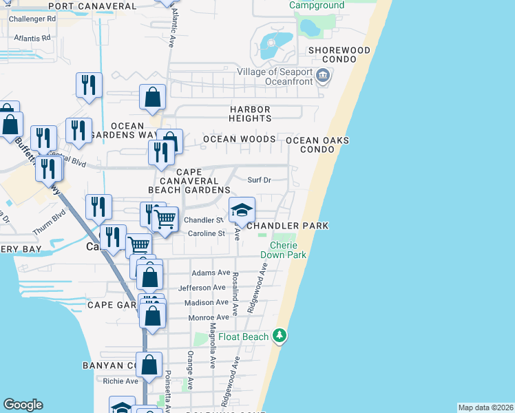 map of restaurants, bars, coffee shops, grocery stores, and more near 250 Cherie Down Lane in Cape Canaveral