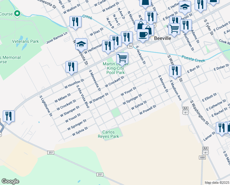 map of restaurants, bars, coffee shops, grocery stores, and more near 511 South Minneapolis Street in Beeville
