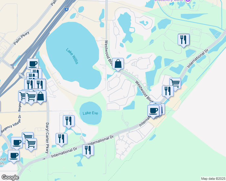 map of restaurants, bars, coffee shops, grocery stores, and more near 11568 Westwood Boulevard in Orlando