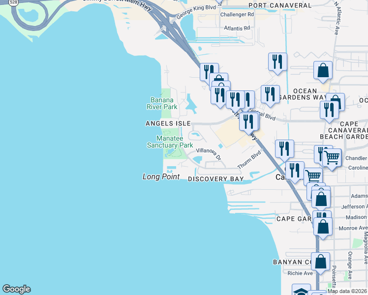 map of restaurants, bars, coffee shops, grocery stores, and more near 601 Thurm Boulevard in Cape Canaveral