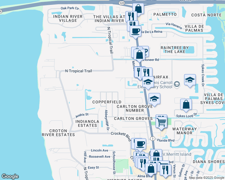 map of restaurants, bars, coffee shops, grocery stores, and more near 655 Heather Stone Drive in Merritt Island