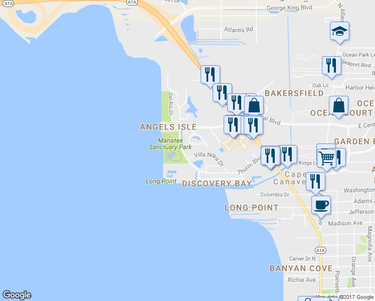 map of restaurants, bars, coffee shops, grocery stores, and more near 742 Bayside Drive in Cape Canaveral