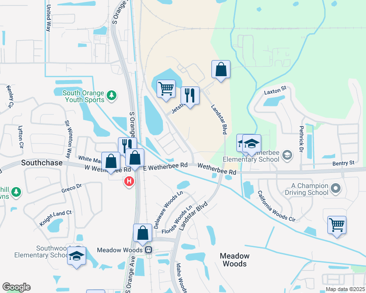 map of restaurants, bars, coffee shops, grocery stores, and more near 355 Wetherbee Road in Orlando