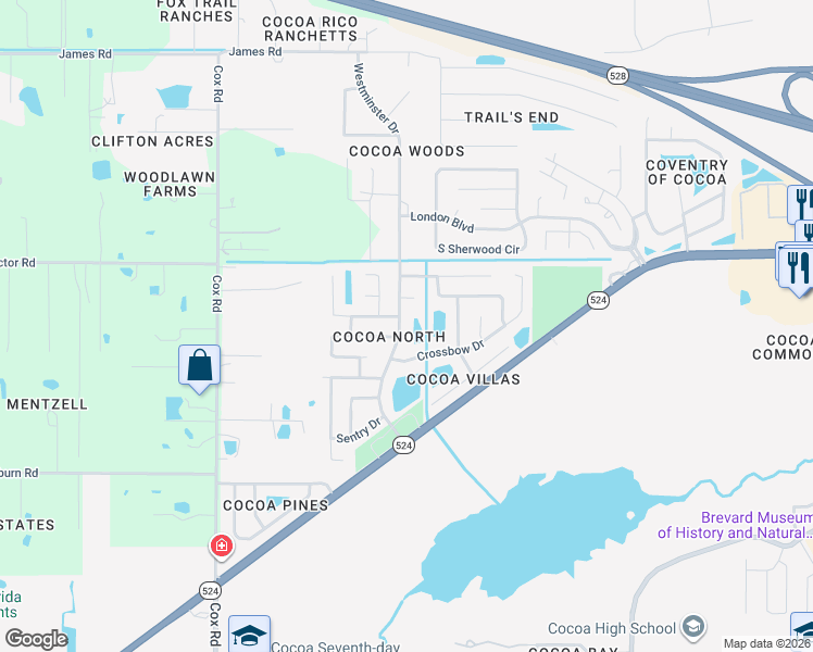 map of restaurants, bars, coffee shops, grocery stores, and more near 2228 Westminster Drive in Cocoa