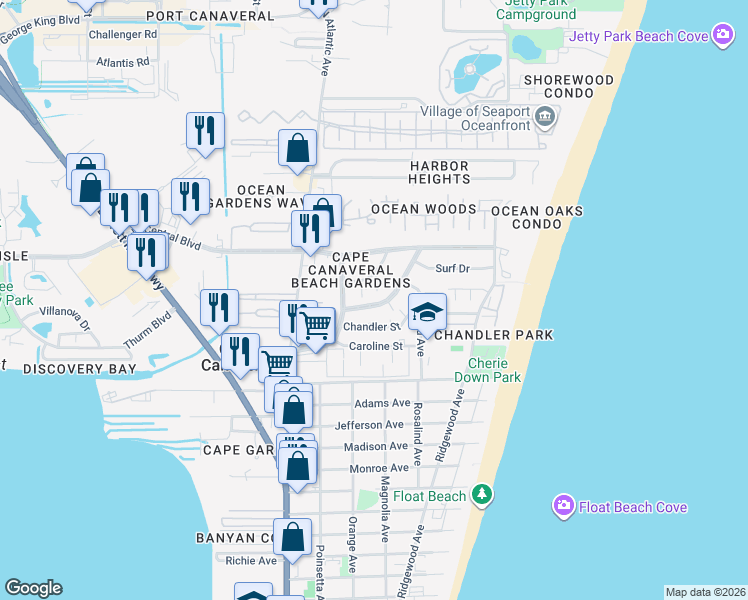 map of restaurants, bars, coffee shops, grocery stores, and more near 211 Circle Drive in Cape Canaveral