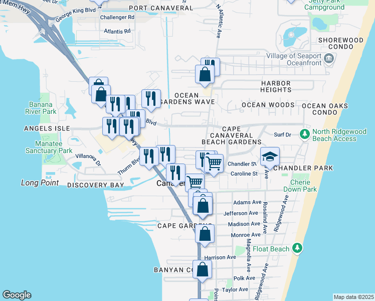 map of restaurants, bars, coffee shops, grocery stores, and more near 20 Cape Canaveral Drive in Cape Canaveral