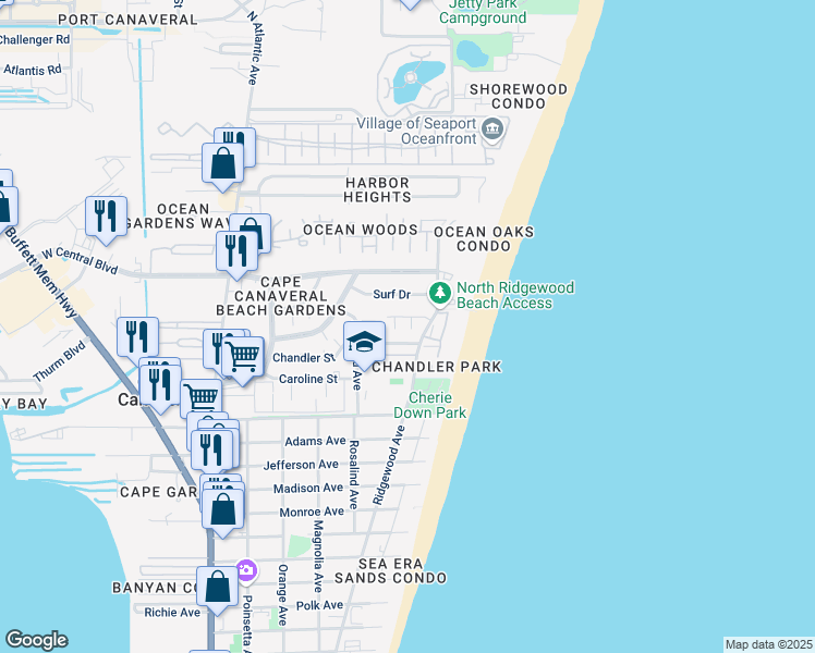 map of restaurants, bars, coffee shops, grocery stores, and more near 8526 Abaco Court in Cape Canaveral