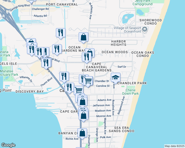 map of restaurants, bars, coffee shops, grocery stores, and more near 8517 Canaveral Boulevard in Cape Canaveral