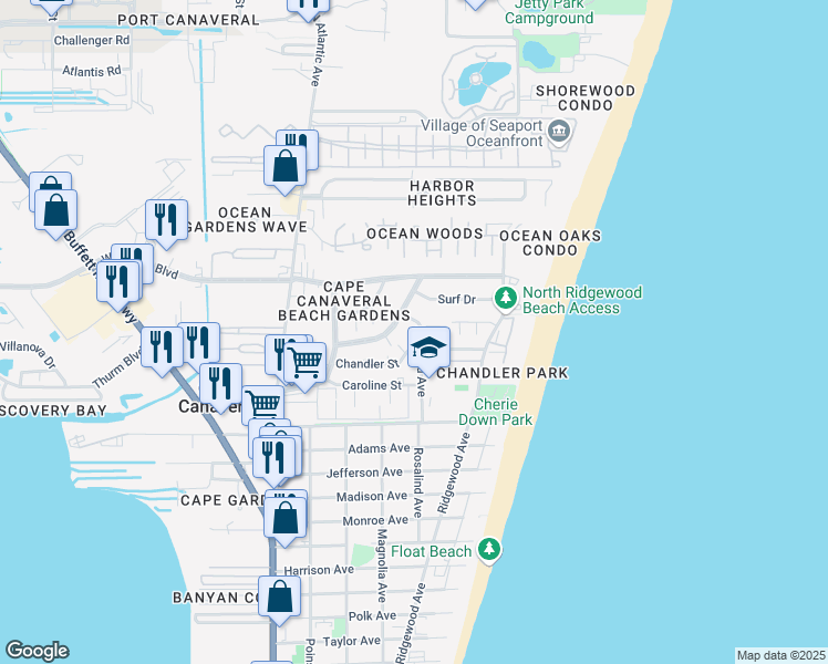 map of restaurants, bars, coffee shops, grocery stores, and more near 8539 Rosalind Avenue in Cape Canaveral