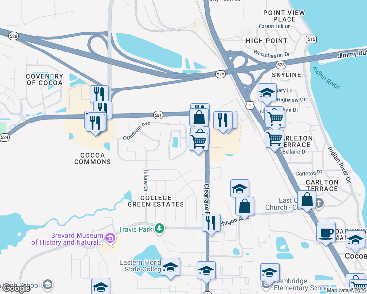 map of restaurants, bars, coffee shops, grocery stores, and more near 1952 Quail Ridge Court in Cocoa