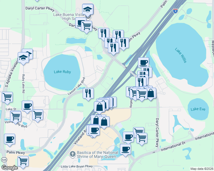 map of restaurants, bars, coffee shops, grocery stores, and more near in Orlando