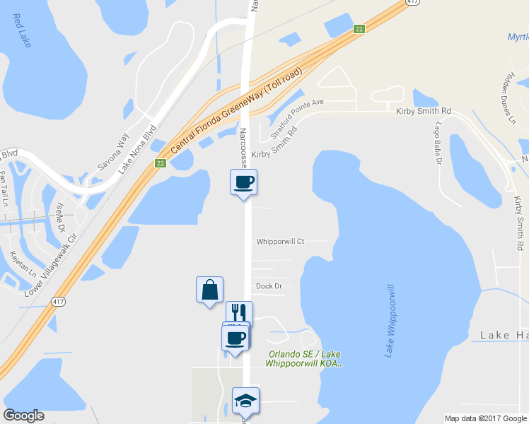 map of restaurants, bars, coffee shops, grocery stores, and more near 11763 Narcoossee Road in Orlando