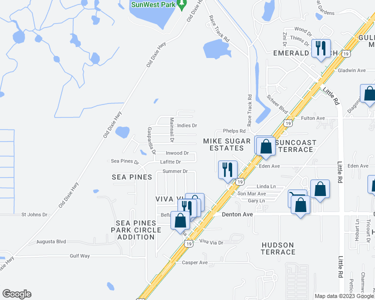 map of restaurants, bars, coffee shops, grocery stores, and more near 8631 Inwood Drive in Hudson