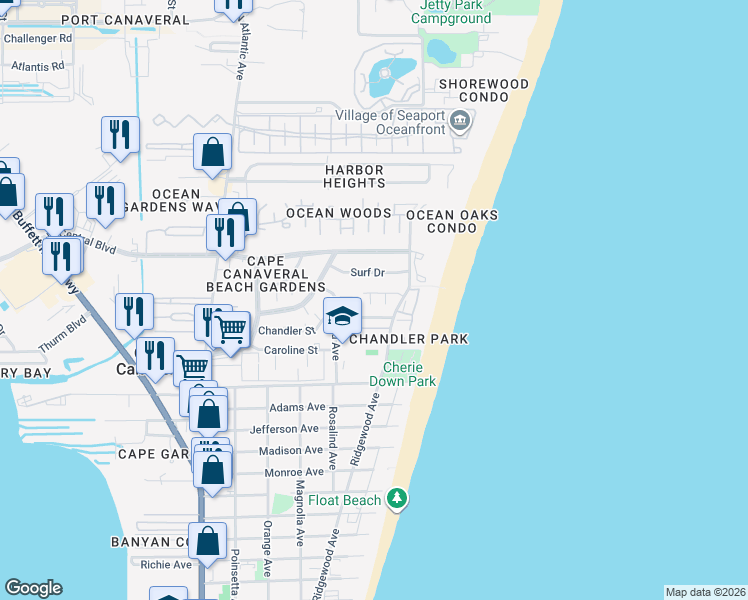 map of restaurants, bars, coffee shops, grocery stores, and more near 8535 Elbow Key Court in Cape Canaveral