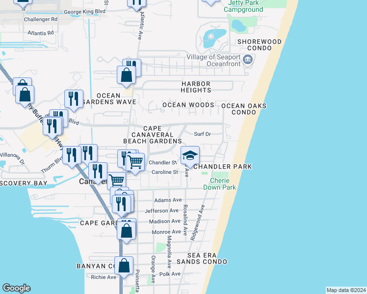 map of restaurants, bars, coffee shops, grocery stores, and more near 8541 Rosalind Avenue in Cape Canaveral