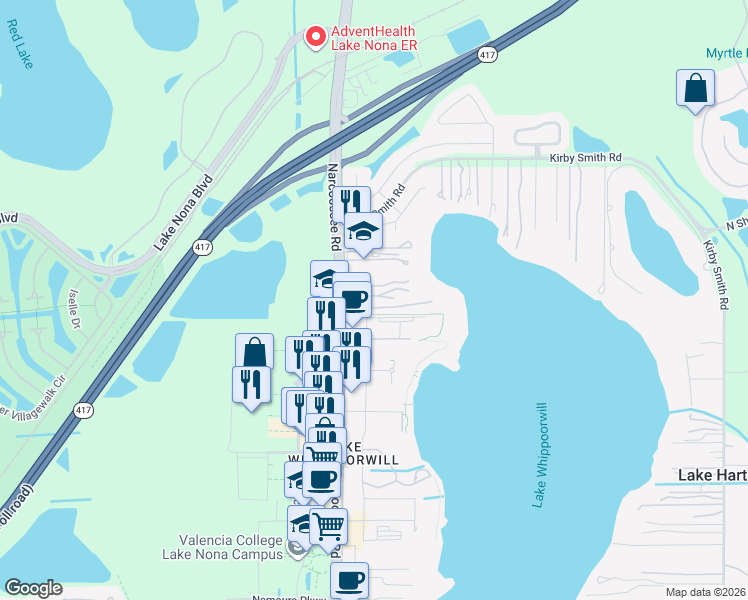 map of restaurants, bars, coffee shops, grocery stores, and more near 11763 Narcoossee Road in Orlando