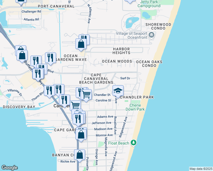 map of restaurants, bars, coffee shops, grocery stores, and more near 272 Canaveral Beach Boulevard in Cape Canaveral