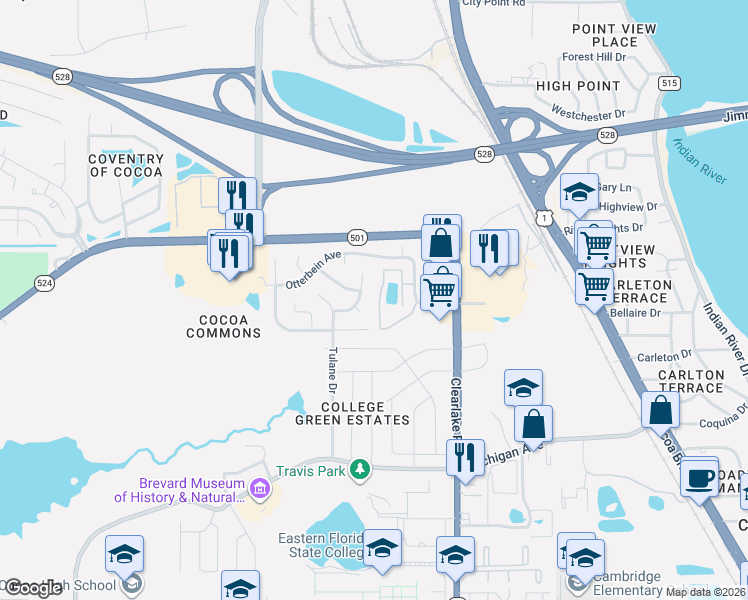 map of restaurants, bars, coffee shops, grocery stores, and more near 1933 Quail Ridge Court in Cocoa