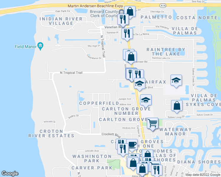 map of restaurants, bars, coffee shops, grocery stores, and more near 2107 Hidden Grove Lane in Merritt Island