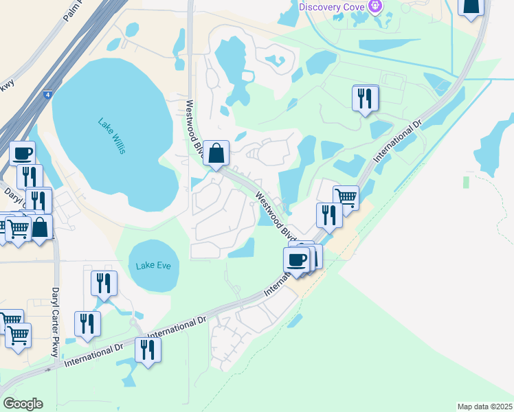 map of restaurants, bars, coffee shops, grocery stores, and more near 6800 Villa De Costa Drive in Orlando