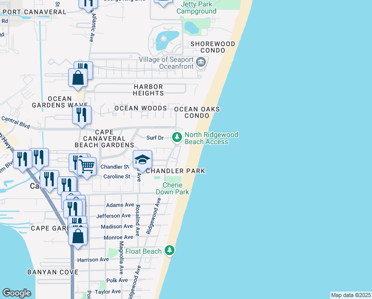 map of restaurants, bars, coffee shops, grocery stores, and more near 454 Sailfish Avenue in Cape Canaveral
