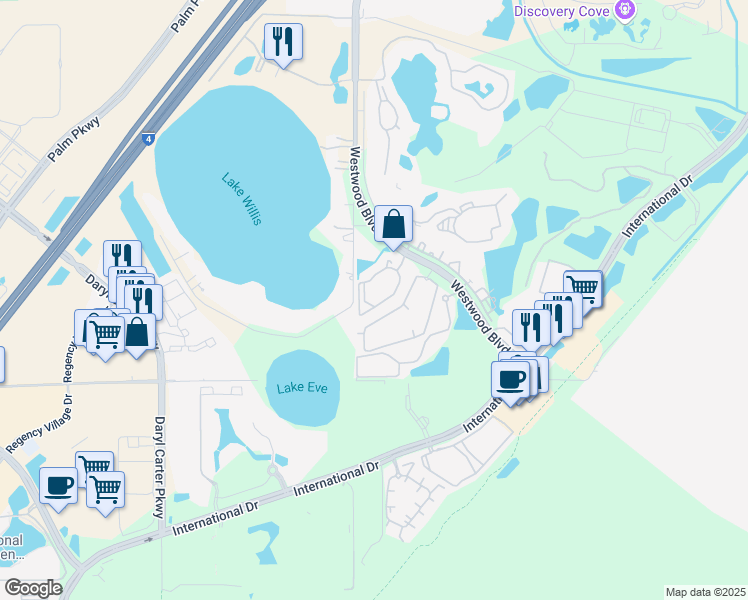 map of restaurants, bars, coffee shops, grocery stores, and more near 11526 Westwood Boulevard in Orlando