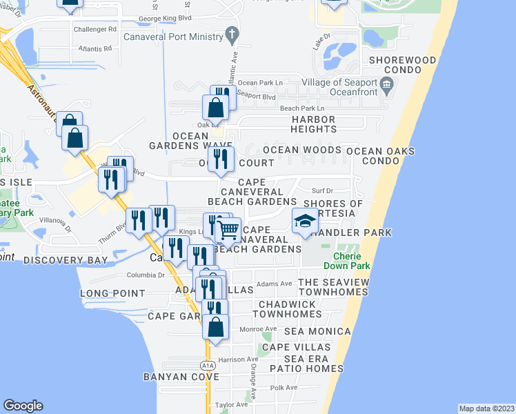map of restaurants, bars, coffee shops, grocery stores, and more near 211 Circle Drive in Cape Canaveral