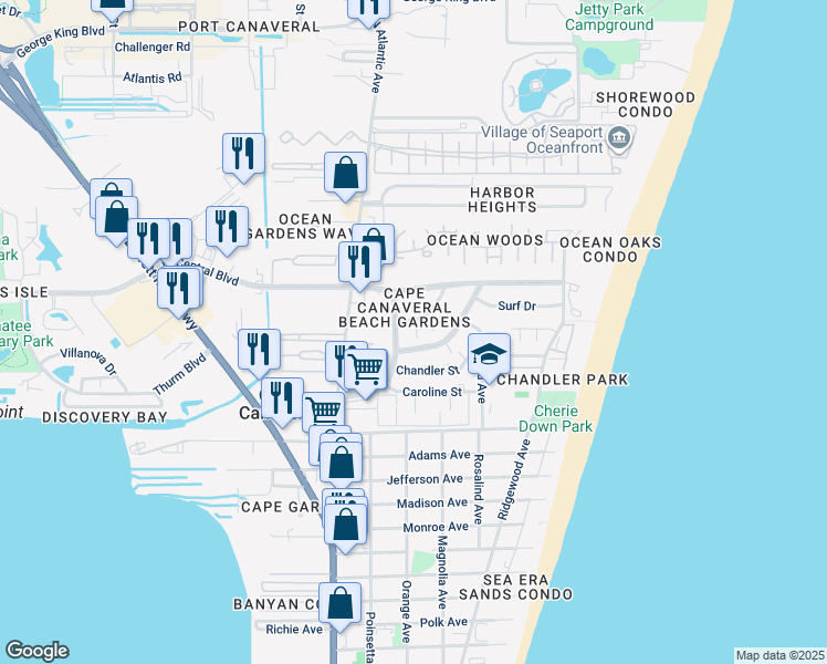 map of restaurants, bars, coffee shops, grocery stores, and more near 211 Circle Drive in Cape Canaveral