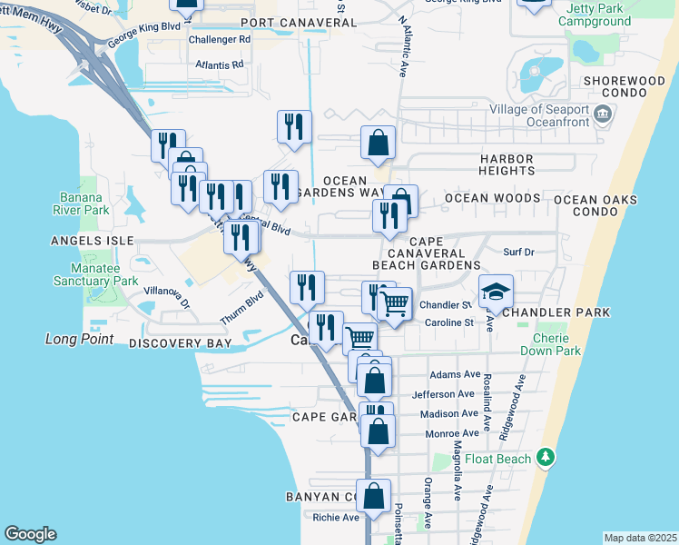 map of restaurants, bars, coffee shops, grocery stores, and more near 20 Cape Canaveral Drive in Cape Canaveral