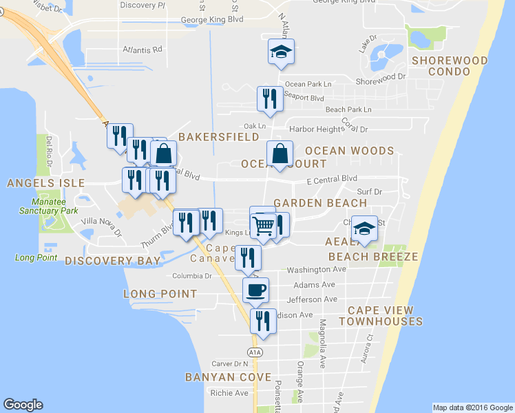 map of restaurants, bars, coffee shops, grocery stores, and more near 8523 North Atlantic Avenue in Cape Canaveral