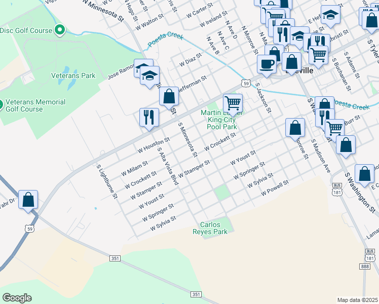 map of restaurants, bars, coffee shops, grocery stores, and more near 1209 West Milam Street in Beeville