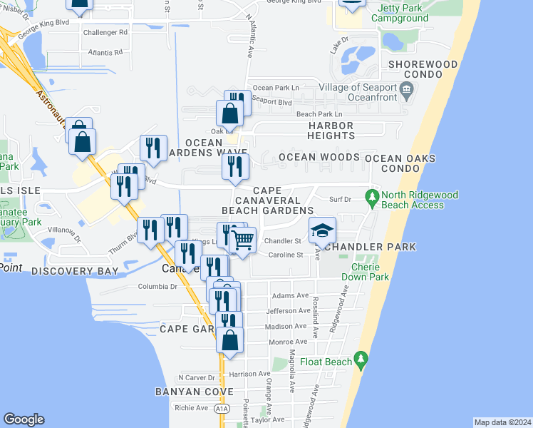 map of restaurants, bars, coffee shops, grocery stores, and more near 211 Circle Drive in Cape Canaveral