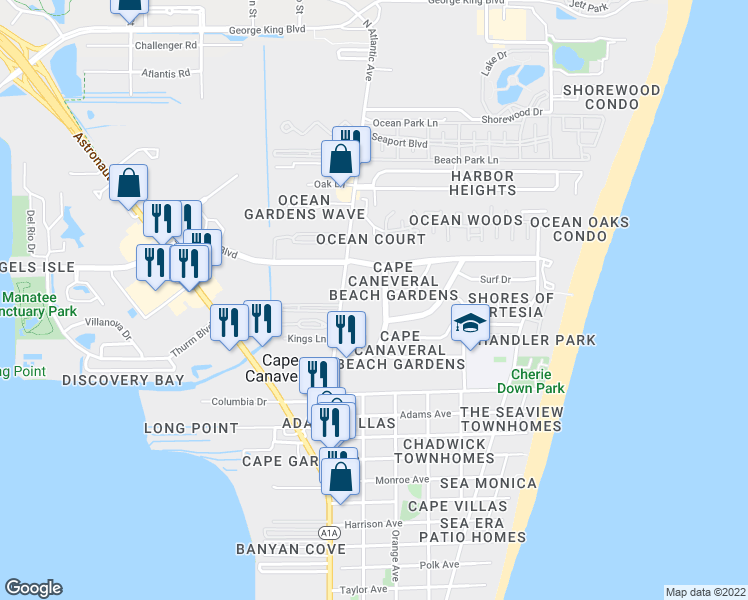 map of restaurants, bars, coffee shops, grocery stores, and more near 8522 North Atlantic Avenue in Cape Canaveral