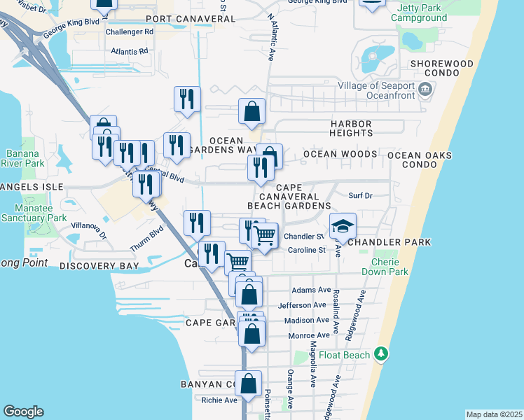 map of restaurants, bars, coffee shops, grocery stores, and more near 8522 North Atlantic Avenue in Cape Canaveral