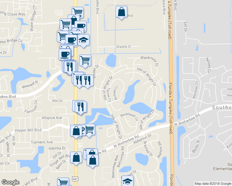 map of restaurants, bars, coffee shops, grocery stores, and more near 11735 Binfield Court in Orlando