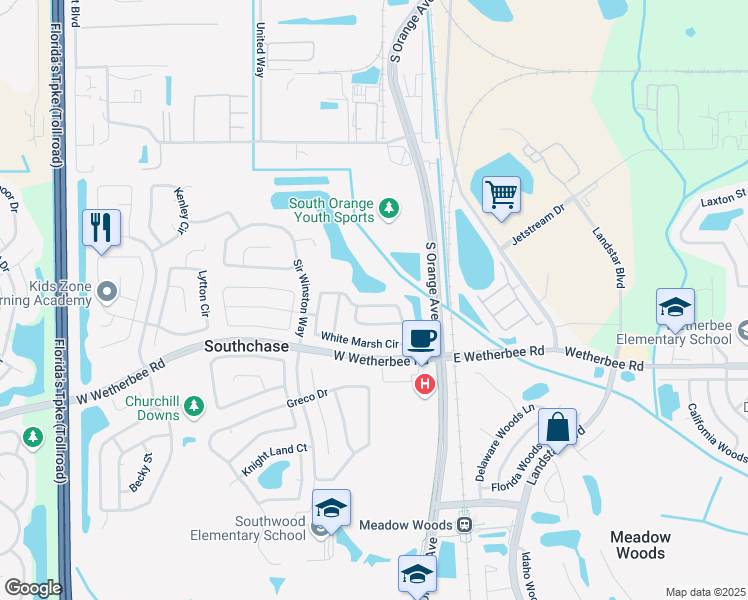 map of restaurants, bars, coffee shops, grocery stores, and more near 110 White Marsh Circle in Orlando