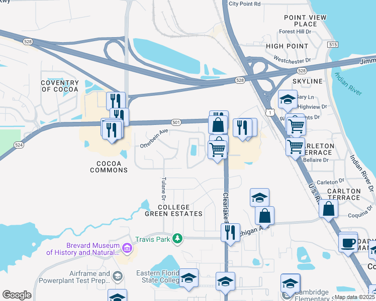 map of restaurants, bars, coffee shops, grocery stores, and more near 1933 Quail Ridge Court in Cocoa