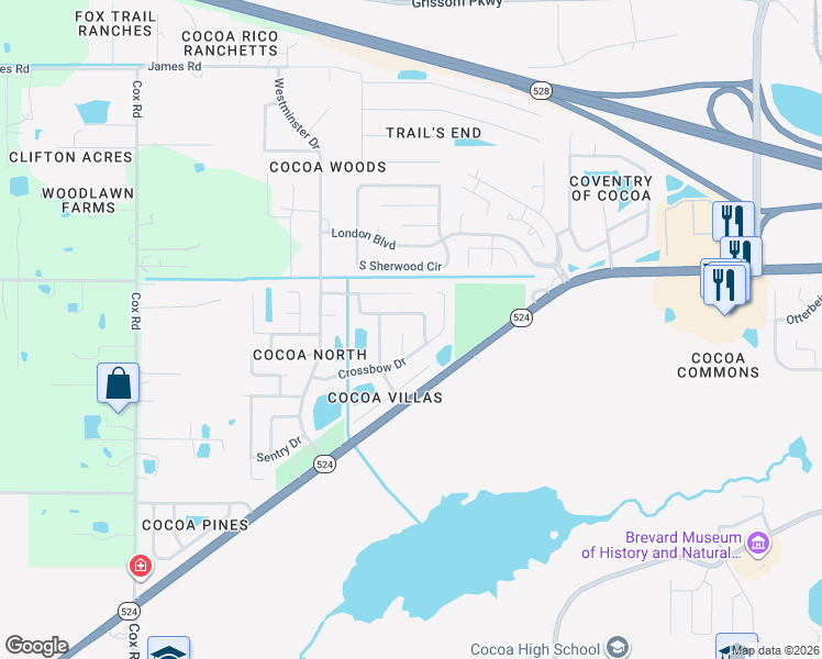 map of restaurants, bars, coffee shops, grocery stores, and more near 2208 Longbow Road in Cocoa