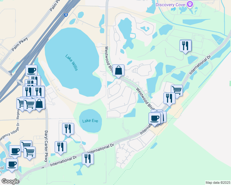 map of restaurants, bars, coffee shops, grocery stores, and more near 11526 Westwood Boulevard in Orlando