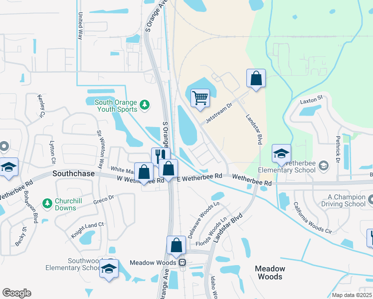 map of restaurants, bars, coffee shops, grocery stores, and more near 202 Artisan Street in Orlando