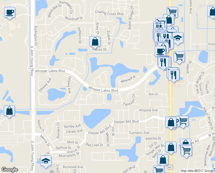 map of restaurants, bars, coffee shops, grocery stores, and more near 2372 Turpin Drive in Orlando